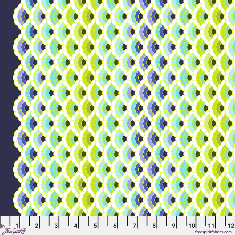 Patterned fabric swatch with geometric design in green, blue, and purple on a navy background.