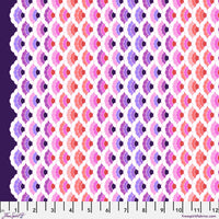 Patterned fabric swatch with geometric design in pink, purple, and orange on a dark background.