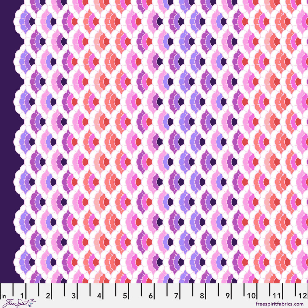 Patterned fabric swatch with geometric design in pink, purple, and orange on a dark background.