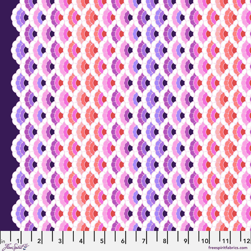 Patterned fabric swatch with geometric design in pink, purple, and orange on a dark background.