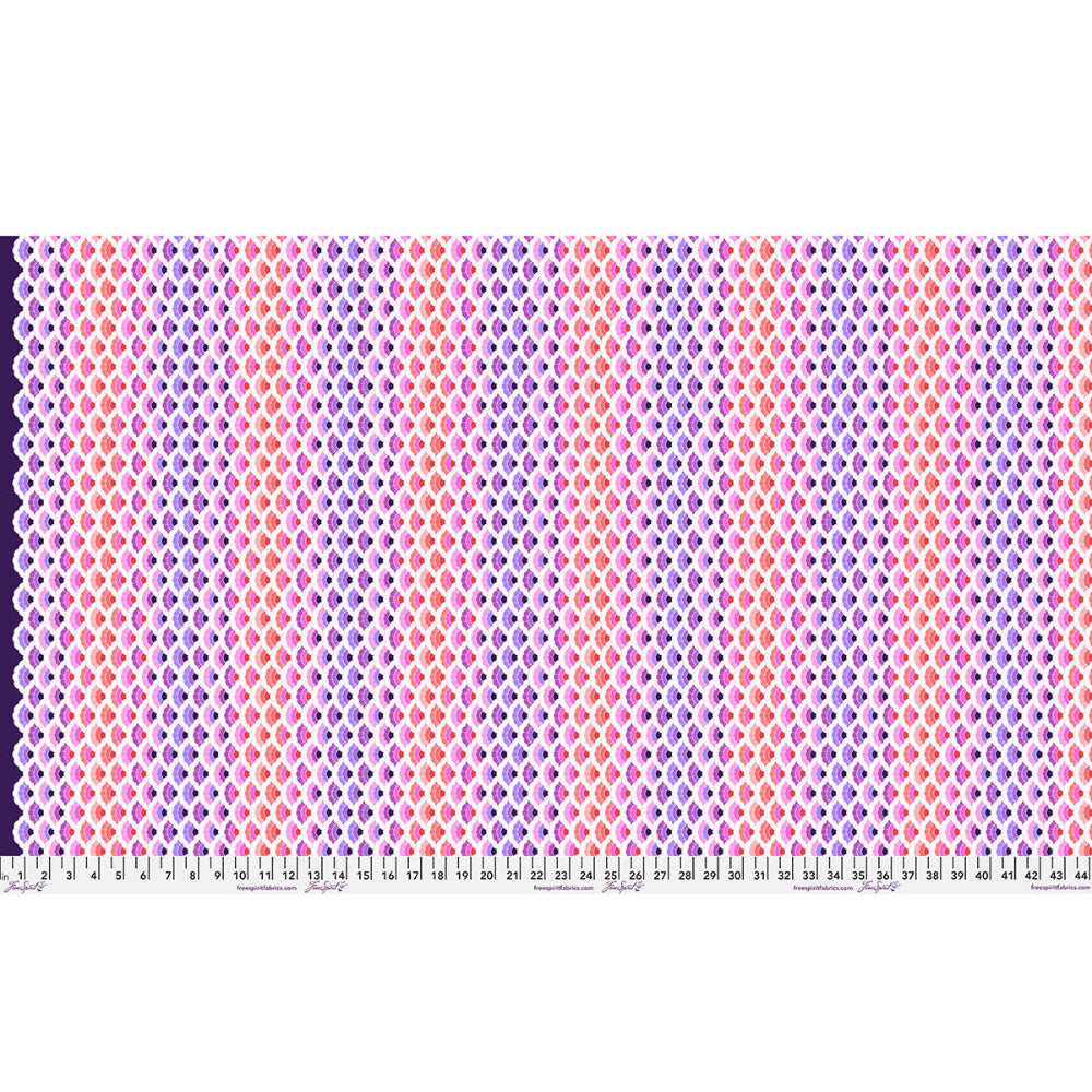 Fabric with a colorful geometric pattern in pink, purple, and orange on a white background