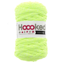 Neon yellow skein of yarn with 'Hoooked' label on a white background