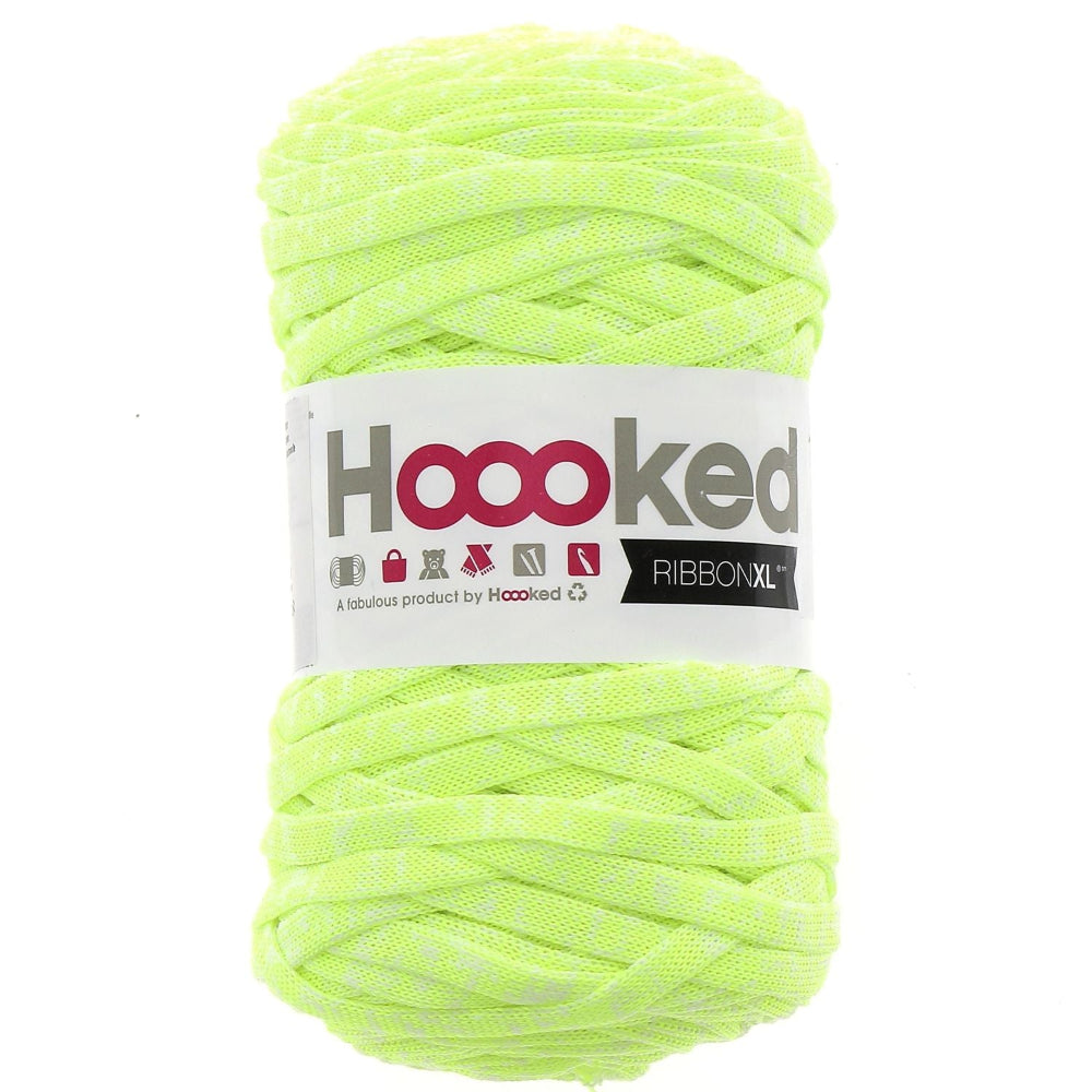 Neon yellow skein of yarn with 'Hoooked' label on a white background
