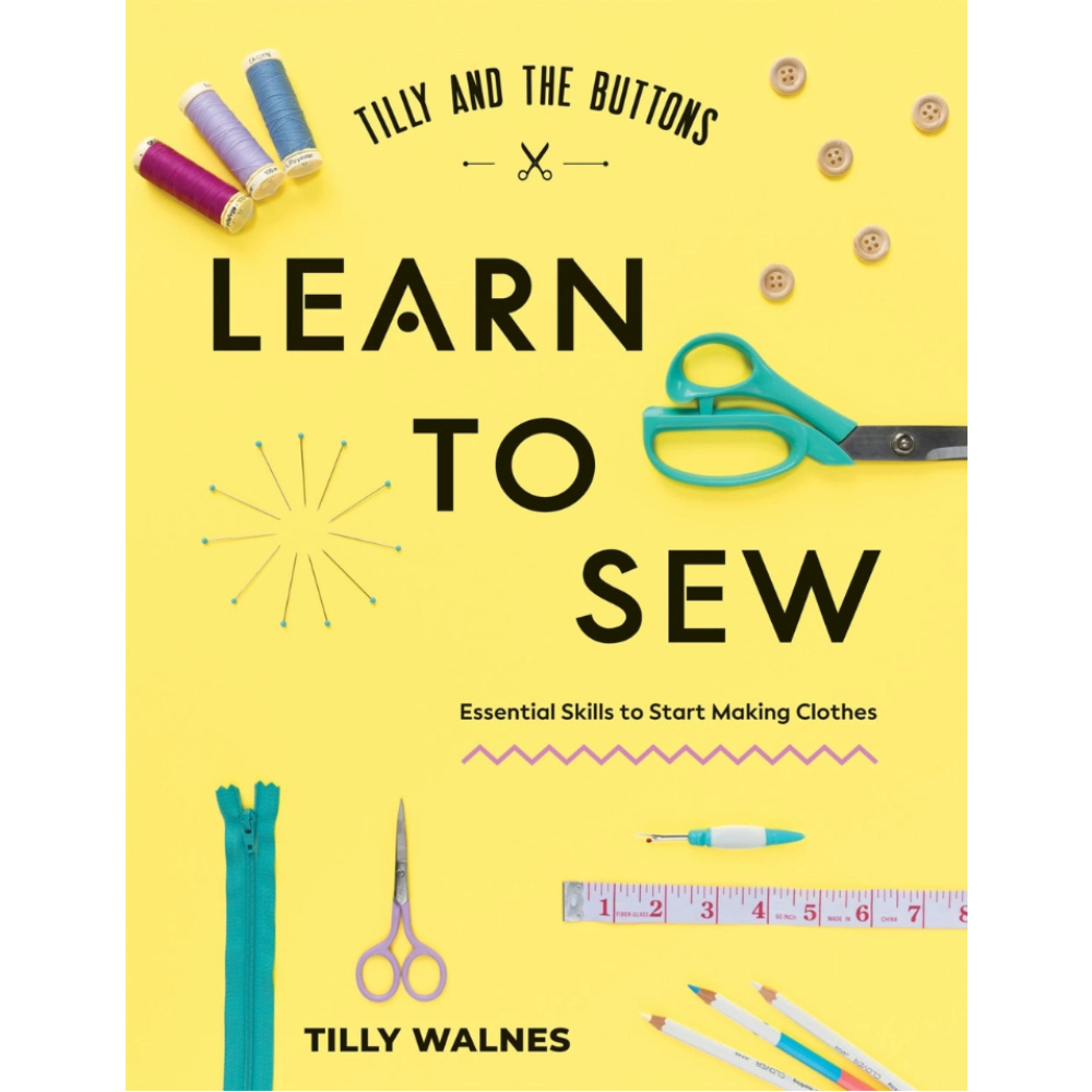 The front cover of 'Learn to Sew'by Tilly Wales, featuring images of sewing supplies like scissors, thread, and a tape measure