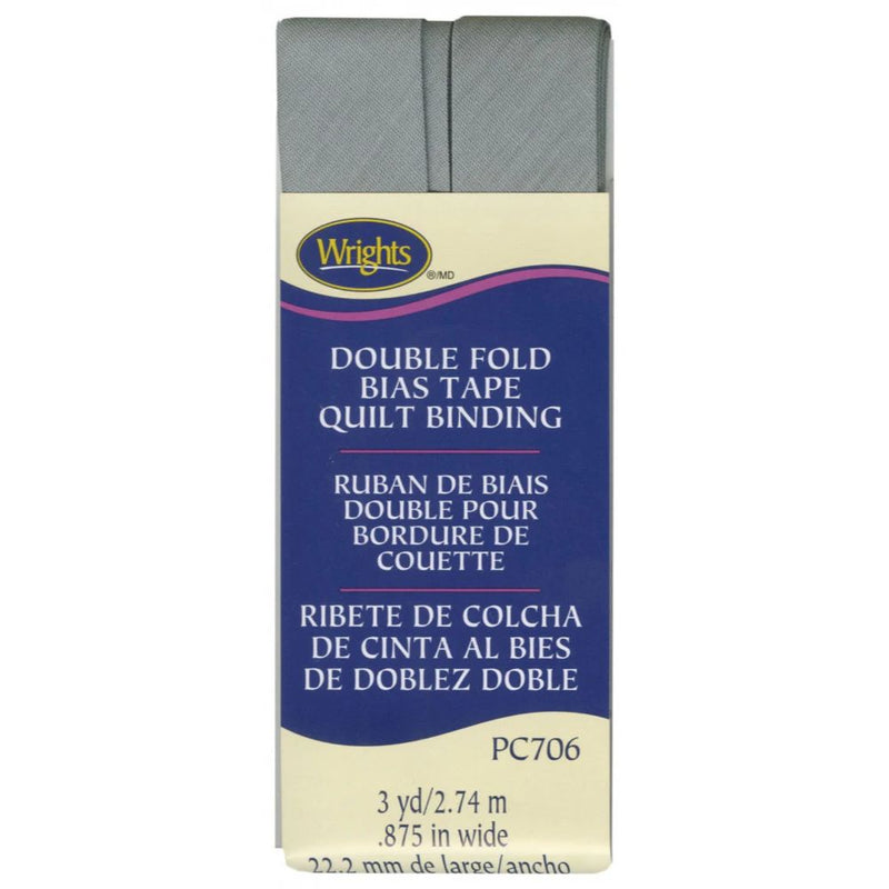 Wrights double fold bias tape grey quilt binding package on a white background