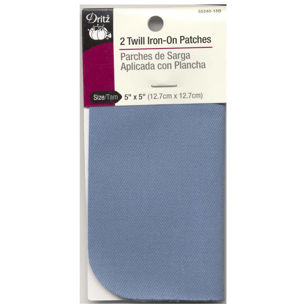 Blue twill iron-on patch in packaging with Dritz branding.
