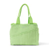 Green tote bag with multiple pockets on a white background