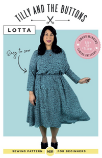 Model wearing a blue speckled dress on a blue and white background with Tilly and the Buttons branding and text.