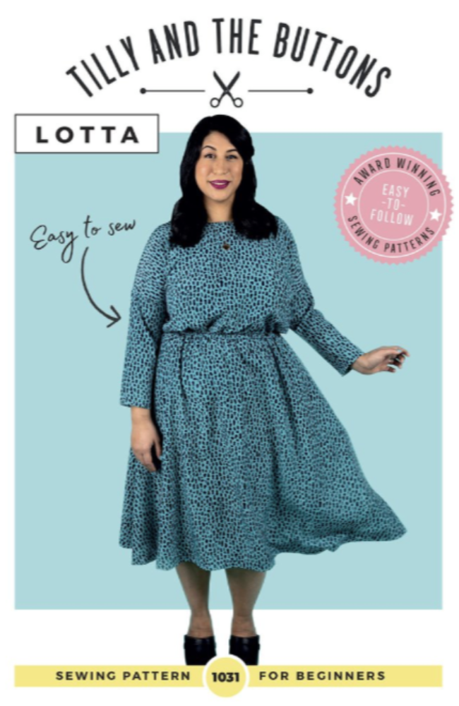 Model wearing a blue speckled dress on a blue and white background with Tilly and the Buttons branding and text.