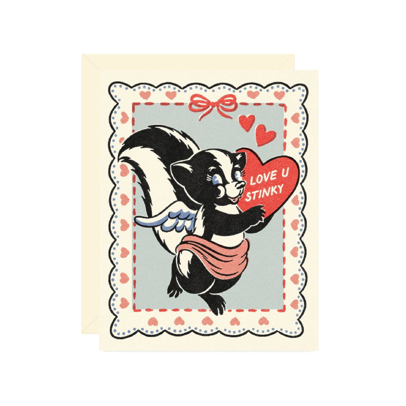 Valentine's Day card with a skunk holding a heart and 'Love U Stinky' text, framed by hearts and a bow.