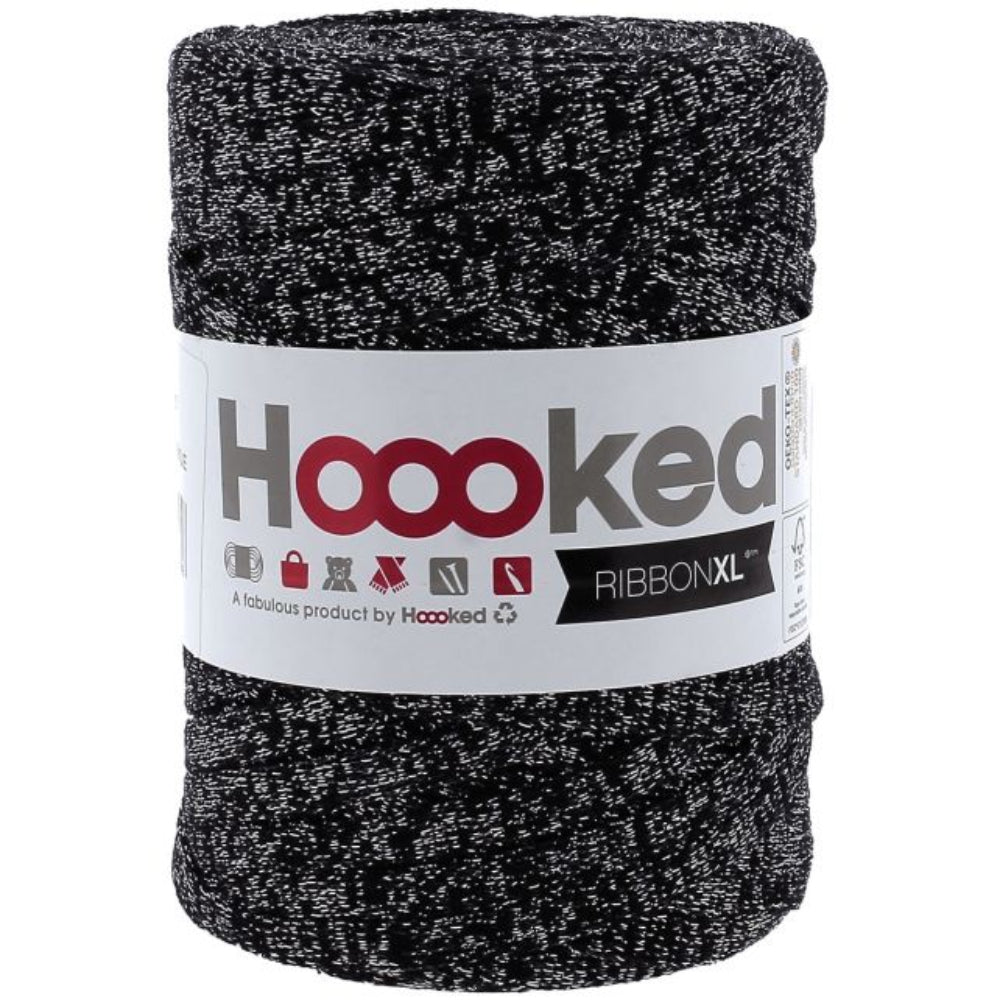 Spool of black and silver yarn with 'Hoooked' label on a white background