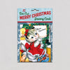 Pack of 15 die-cut Merry Christmas greeting cards with a cat illustration on a light gray background.