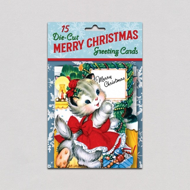Pack of 15 die-cut Merry Christmas greeting cards with a cat illustration on a light gray background.