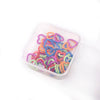 Small plastic case full of metal heart stitch markers in assorted colors