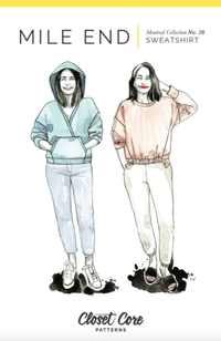 Illustration of two women wearing the same sweatshirt in different styles, one blue with a hood, and pocket, the other in orange with a crew neck and elastic at the waist, on a white background with Closet Core Patterns branding. 
