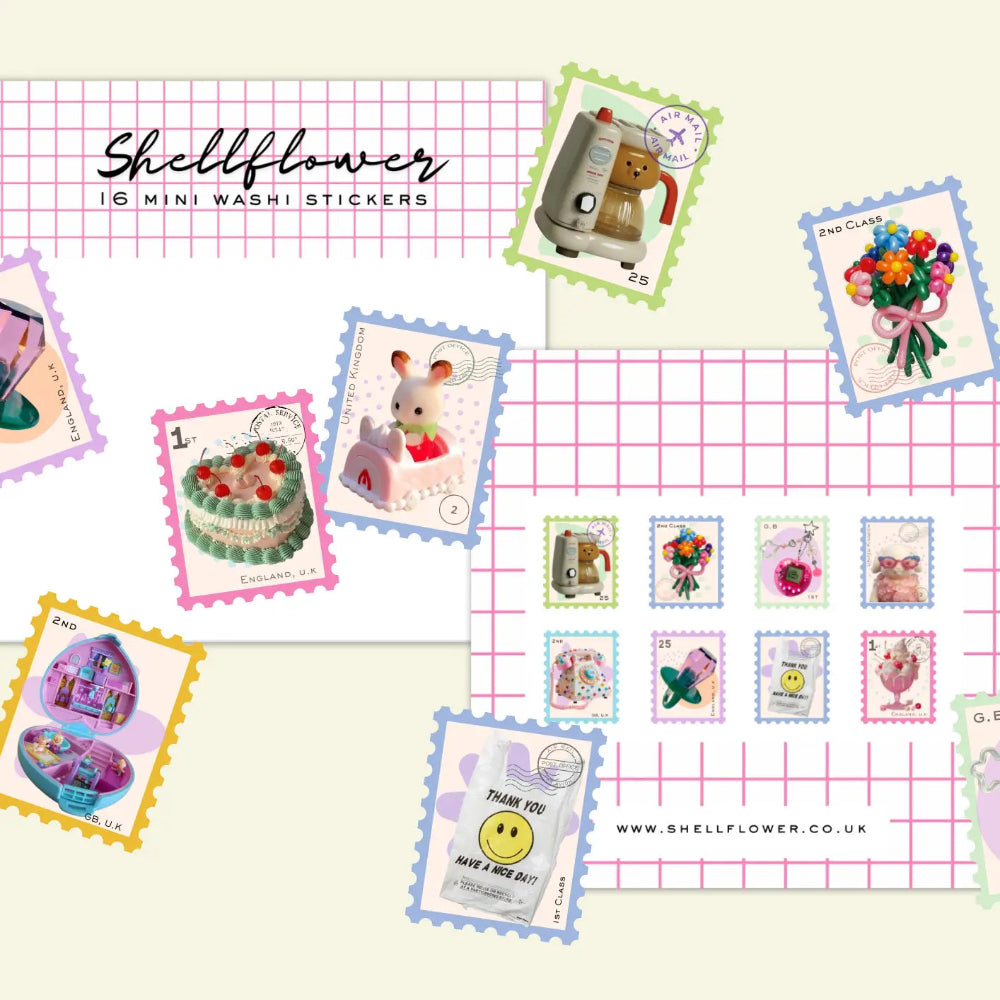 Collection of Shellflower mini washi stickers on a pink grid background