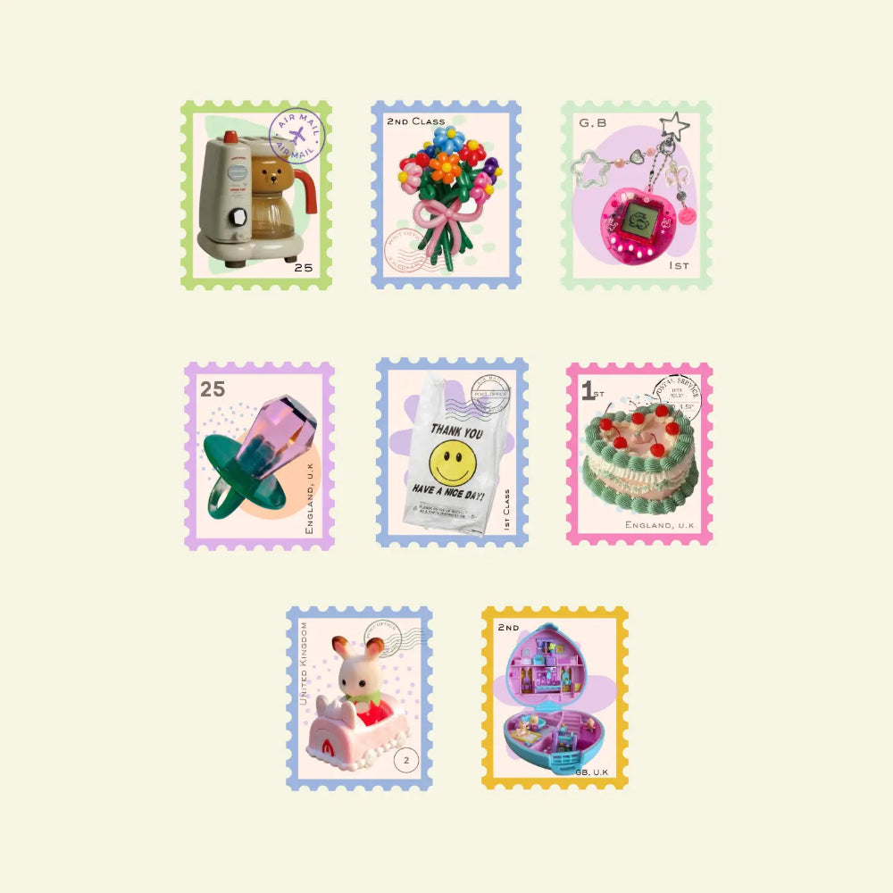 Illustrations of various toys and items on decorative stamps with a light beige background.