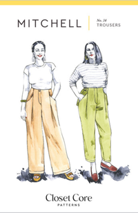 Illustration of two women wearing the same pair of trousers, one brown and long, the other green and short, on a white background with Closet Core Patterns branding and text.