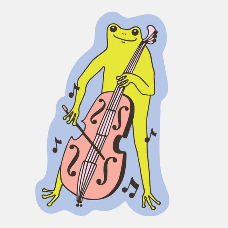 Illustration of a yellow frog playing a pink cello on a light blue background