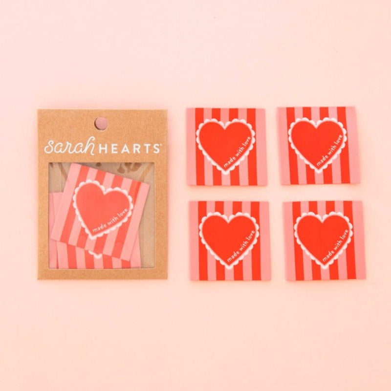 Striped pink and red labels with a heart, packaged in 'Sarah Hearts' branding on a pink background