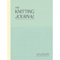 A light green knitting journal with a grid pattern design. Text on the cover reads "My Knitting Journal " at the top, and "Track and Record Knitting Projects" on the bottom.