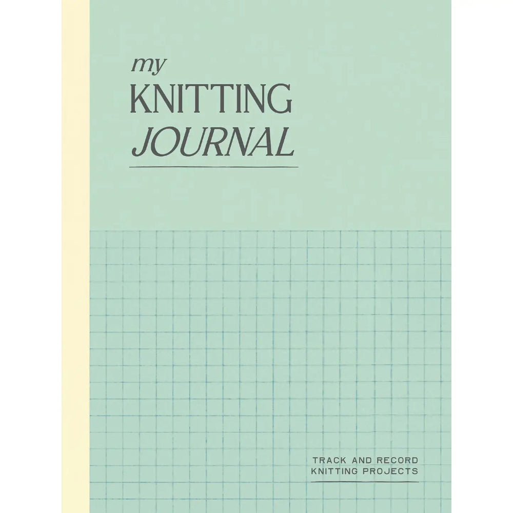 A light green knitting journal with a grid pattern design. Text on the cover reads "My Knitting Journal " at the top, and "Track and Record Knitting Projects" on the bottom.