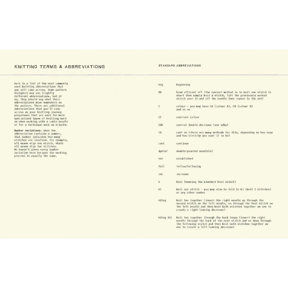 A page showing different knitting terms and abbreviations, including definitions for various knitting techniques. 