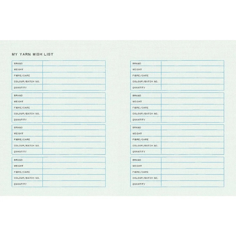 A light green page titled "My Yarn Wish List" with sections for brand, weight, fibre/care, color/ dyelot no. and quantity. 