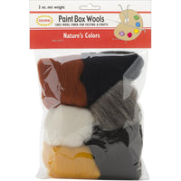 Packaged wool fibers with a variety of colors on a white background