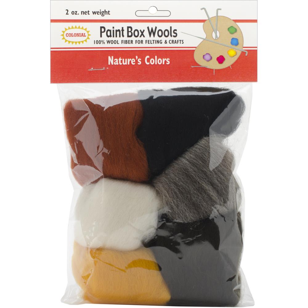 Packaged wool fibers with a variety of colors on a white background
