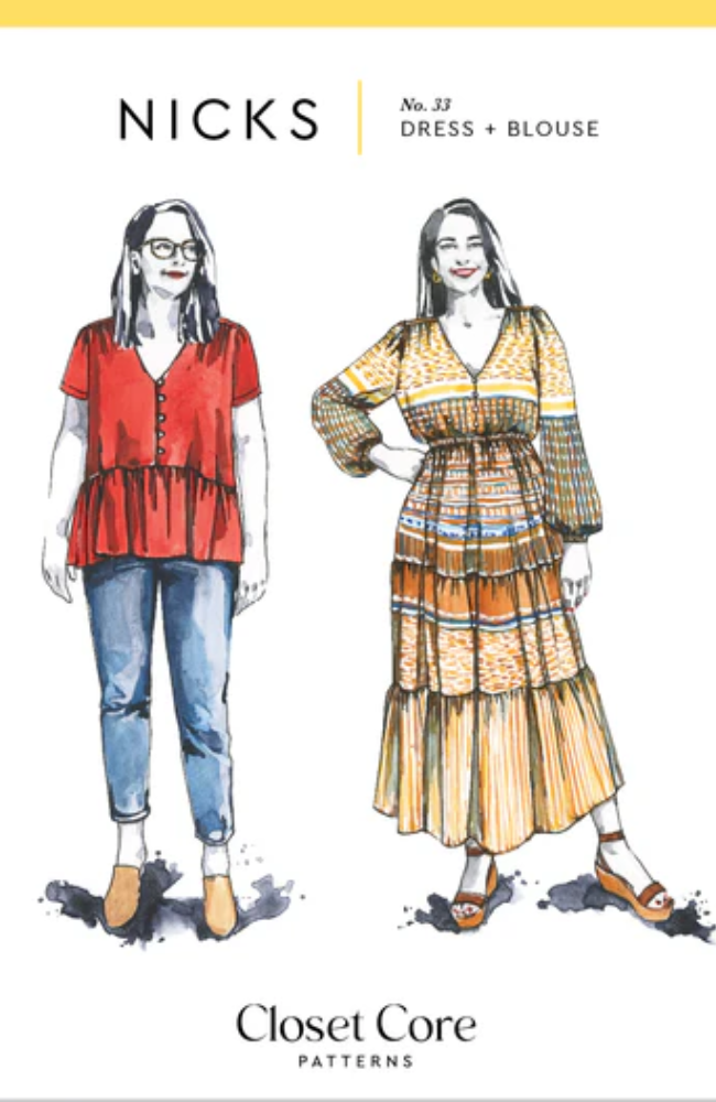 Two watercolors of models wearing the Nicks dress and top on a white background with Closet Core branding.