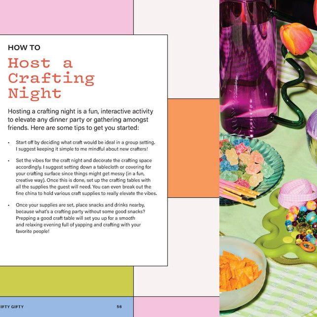 Page from the book showing a crafting night setup with text on how to host one.