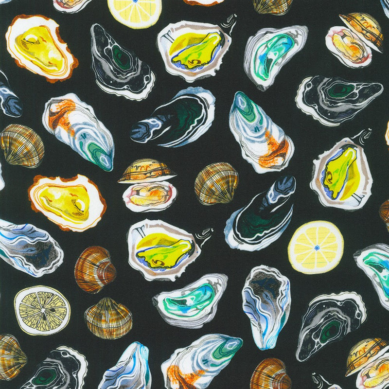 Pattern of oysters, lemon slices, and shells on a black background