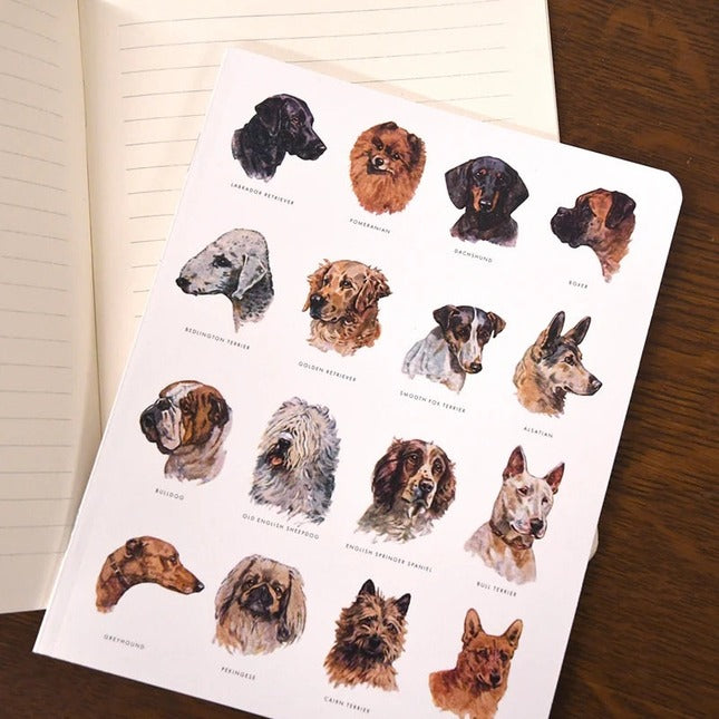Sheet of 16 dog breeds on cover of a notebook