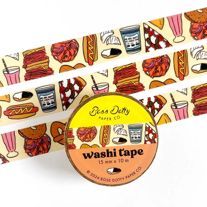 Washi tape with food-themed design and Boss Dotty Paper Co. branding.