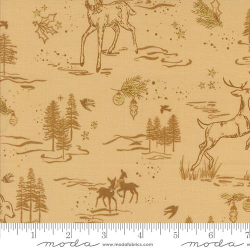 Fabric with deer and forest pattern on a beige background