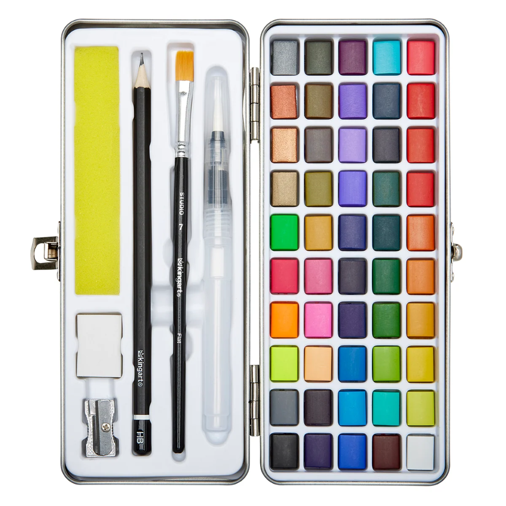 A set of 69 differently colored watercolor paint pans inside a white and black metal case, including 2 brushes, a pencil, eraser, sharpener, and sponge.
