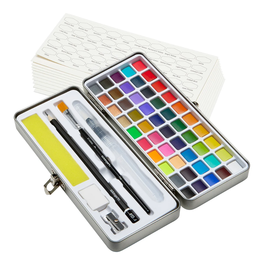 A set of 69 differently colored watercolor paint pans inside a white and black metal case, including 2 brushes, a pencil, eraser, sharpener, sponge, and sheets of watercolor paper.