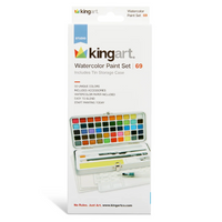 A set of 69 differently colored watercolor paint pans inside a white and black metal case, with additional watercolor supplies inside a white box labeled "KingArt: Watercolor Paint Set (69) Includes Tin Storage Case".