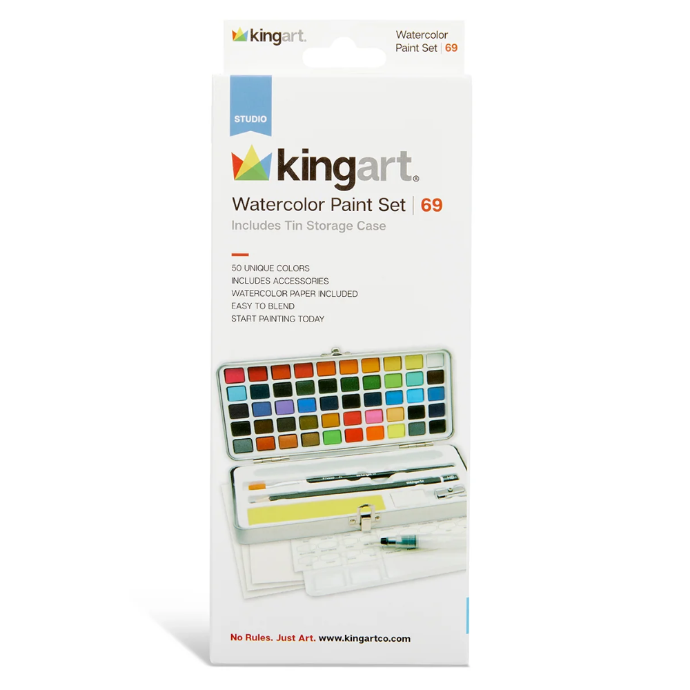 A set of 69 differently colored watercolor paint pans inside a white and black metal case, with additional watercolor supplies inside a white box labeled "KingArt: Watercolor Paint Set (69) Includes Tin Storage Case".