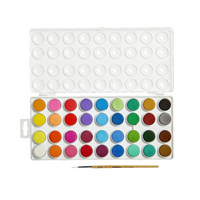 A set of 36 differently colored watercolor paint pans inside a white tray with a clear lid, including 1 brush.