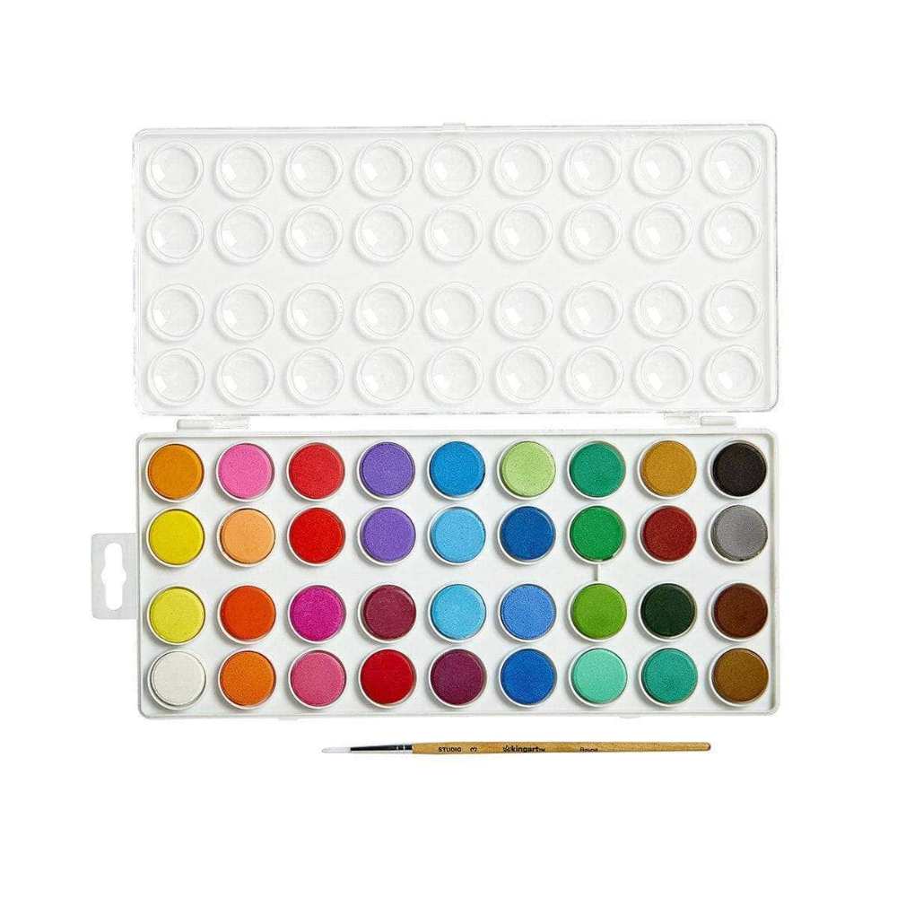 A set of 36 differently colored watercolor paint pans inside a white tray with a clear lid, including 1 brush.