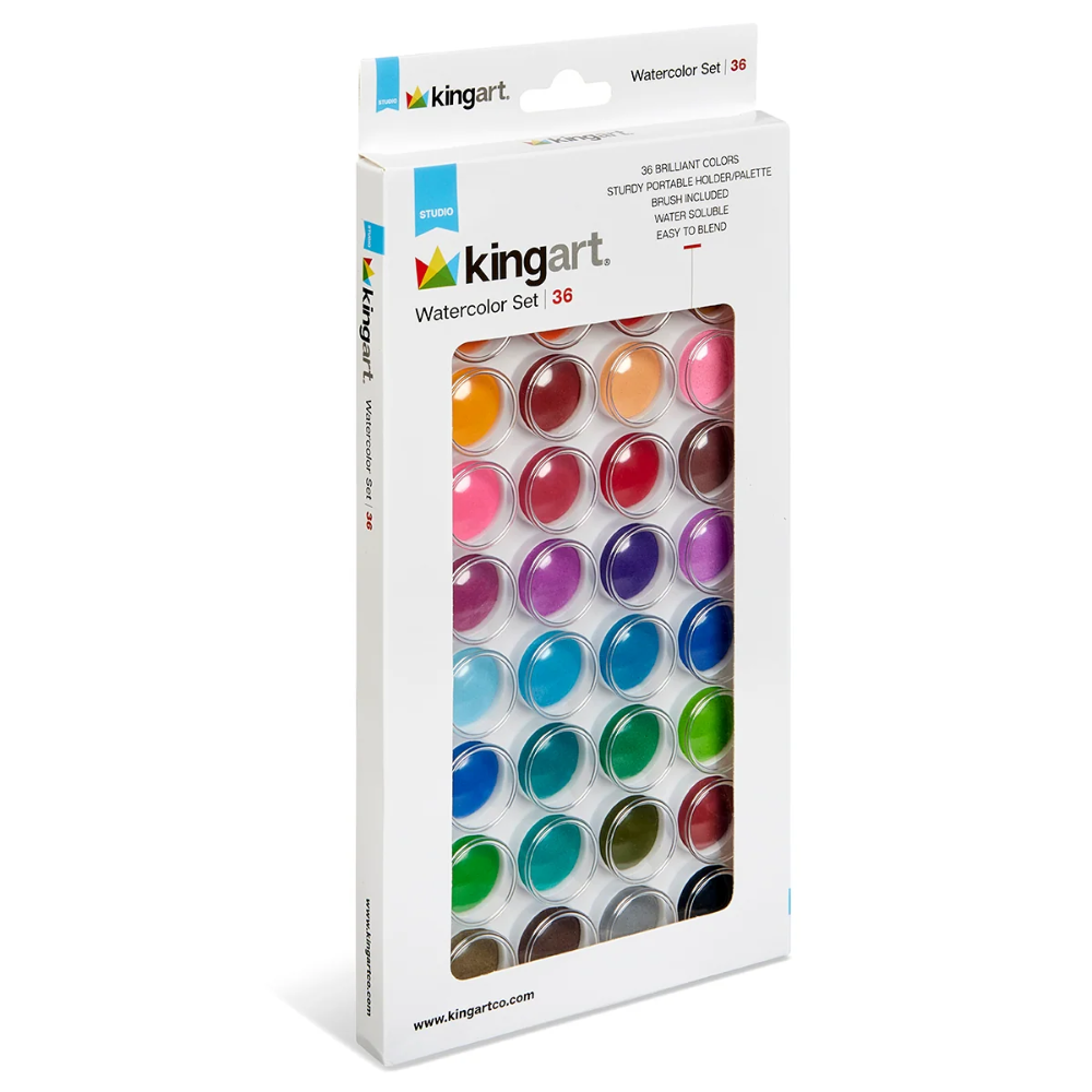 A set of 36 differently colored watercolor paint pans inside a white tray with a clear lid, inside a white box labeled "KingArt: Watercolor Set (36)".