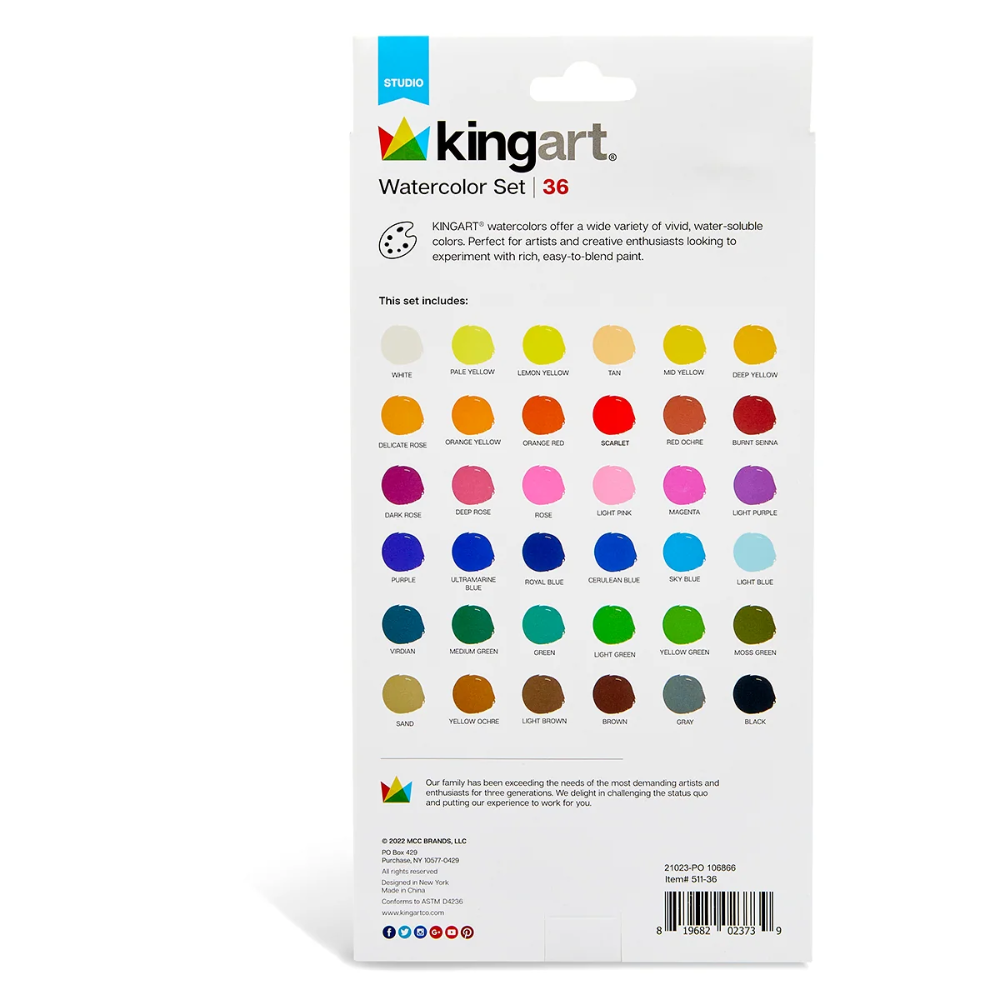 A white box labeled "KingArt: Watercolor Set (36)" with all 36 watercolors listed from White to Black.