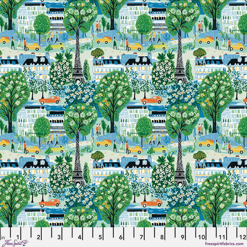Patterned fabric with Paris cityscape, trees, and people design.
