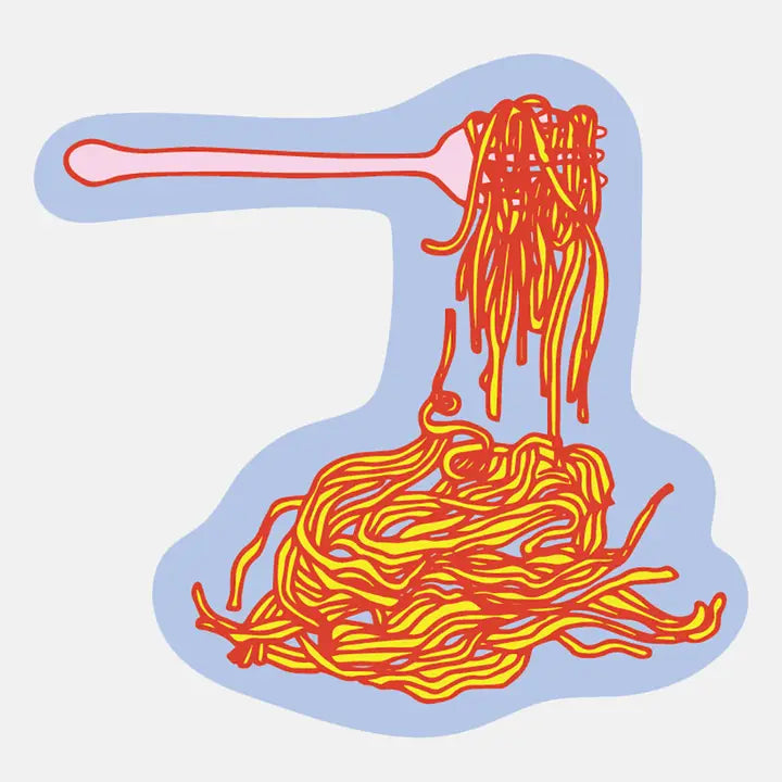 Illustration of a fork with spaghetti on a light blue background