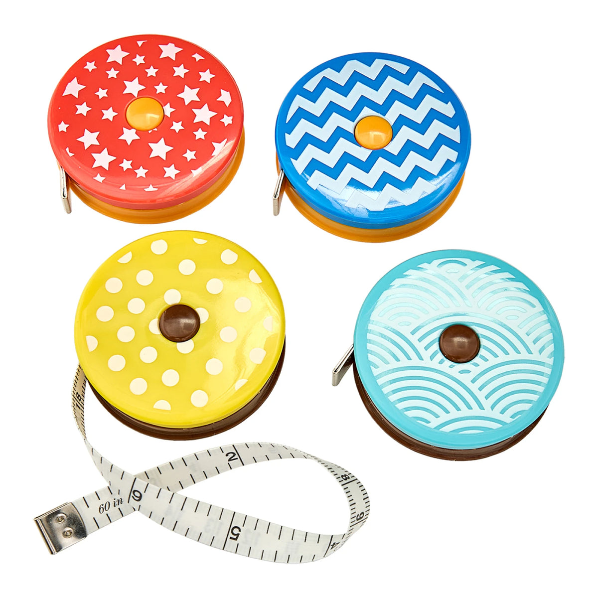 Four retractable tape measures with patterned designs