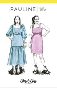 Two watercolors of models wearing different versions of the Pauline dress on a white background with Closet Core branding.