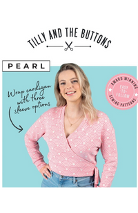 Model in a pink print wrap cardigan on a blue and white background with Tilly and the Buttons branding and text.