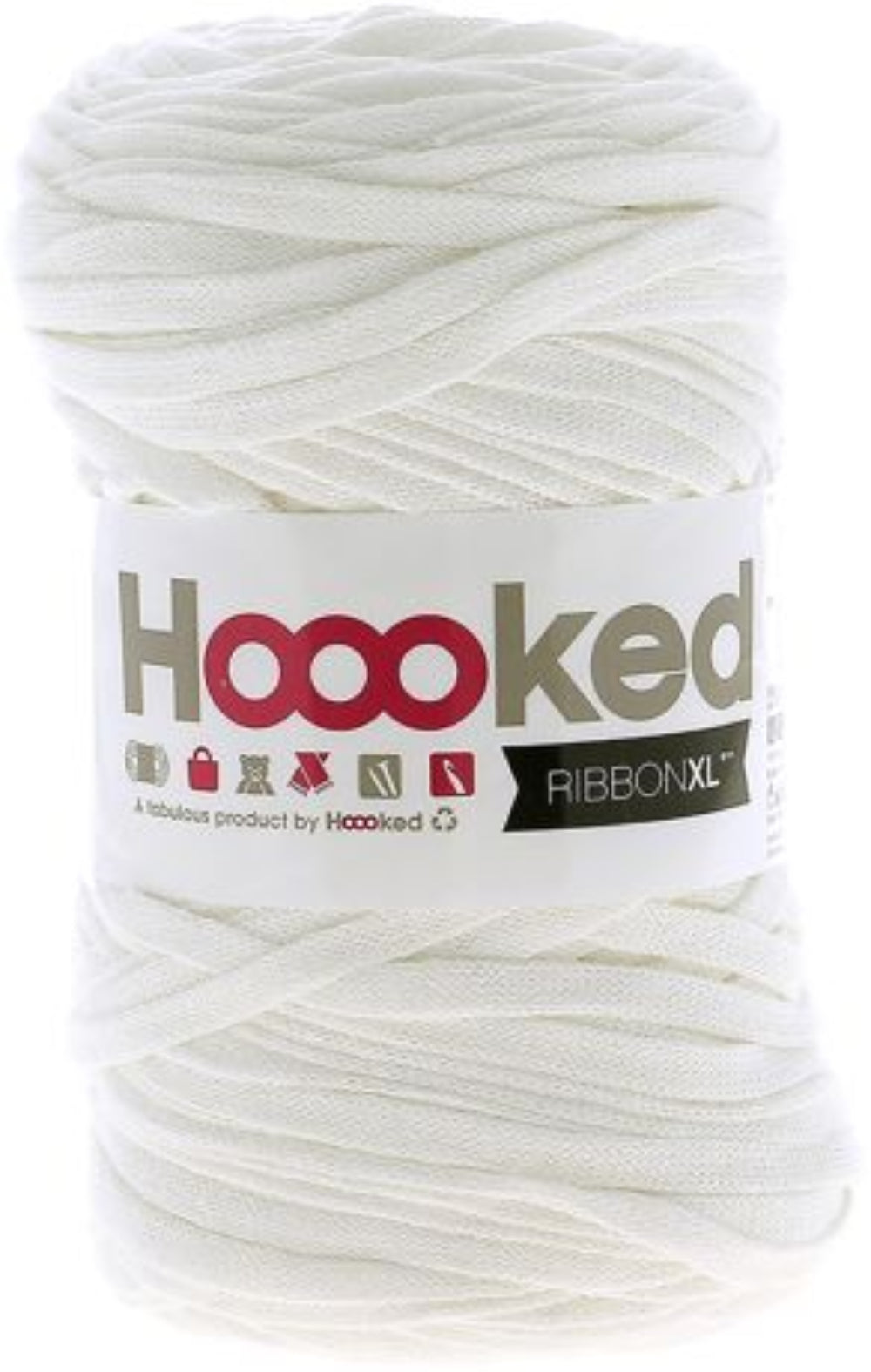 Ball of white yarn with a 'Hoooked' label on a white background